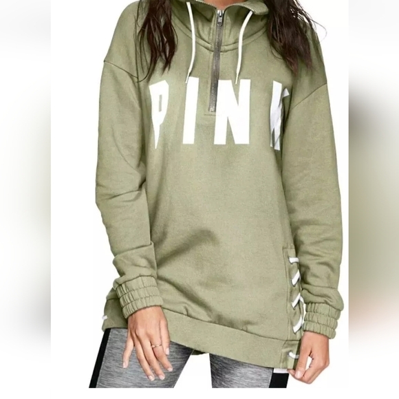 PINK Victoria's Secret Tops - Victorias Secret Pink Women's Green GRAPHIC Lace Up Sides Sweatshirt -Size Small